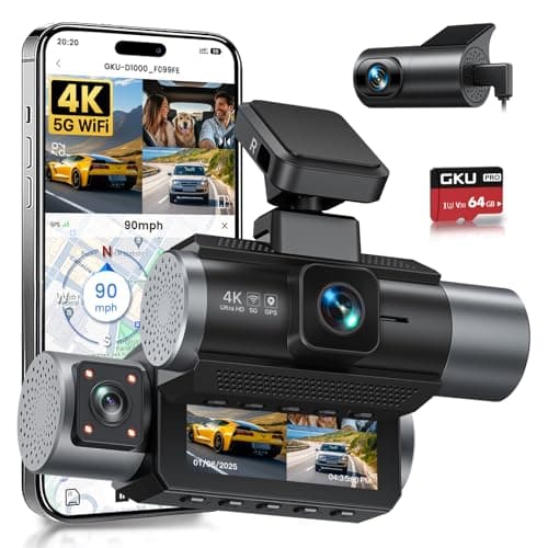GKU 4K 3 Channel Dash Cam Built-in 5.8GHz WiFi & GPS, 4K+1080P+1080P Front and Rear Inside, IR Night Vision Dashcam Support 24H Parking Mode, Loop Recording, G-Sensor, WDR,64G SD Card