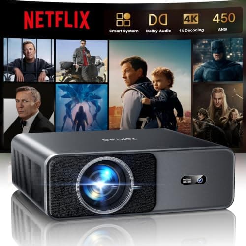 Smart Projector 4K with High ANSI|Compatible with Netflix|AI Auto Focus & Keystone|20W Dolby Audio, Portable Projecteur with WiFi6 and 2-Way Bluetooth, TOPTRO A1 1080P Proyector for Outdoor Movie/Home