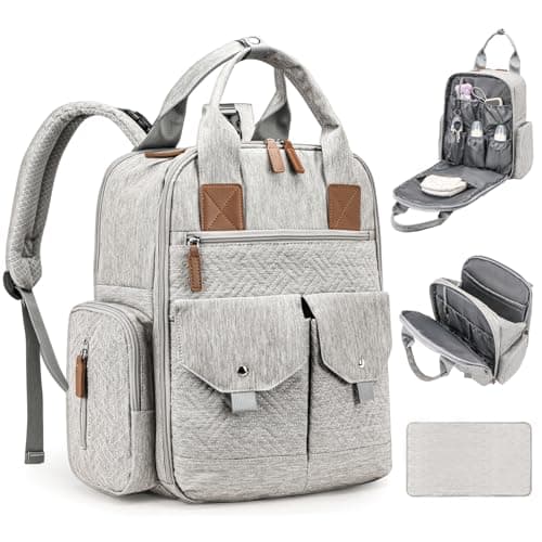 Diaper Bag Backpack - Large Diaper Bag with Portable Changing Pad as Baby Shower Gifts, Lightweight Waterproof Unisex Travel Baby Bag with 4 Insulated Pockets and Stroller Buckles, Light Grey