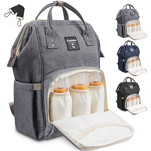 Conleke Diaper Bag Backpack for Baby Care, Multi-Functional Waterproof Travel Backpack Nappy Tote Bags Large Capacity Creative Fashion Package Best Gift for Mom&Dad (A-Grey(3 bottle bags in front))