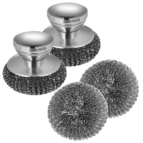 2Pcs Stainless Steel Scrubber with 2 Replacement Wire Pads, Steel Scrubber for Dishes with Stainless Steel Handle, Steel Wool Scrubber for Cleaning Dishes, Stock Pots, Pans, Griddles, and Grills