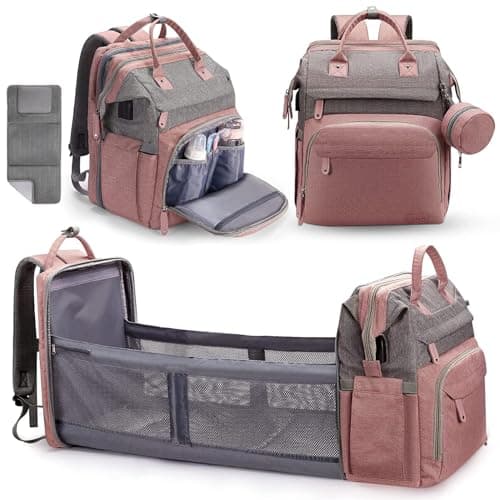 DERJUNSTAR Diaper Bag Backpack – Large Capacity Baby Diaper Bag with Changing Pad, Waterproof Travel Backpack for Boys & Girls, Multi-Function Baby Bag with USB Charging Port, Rose Pink