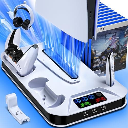 ZRZLMVP PS5/Slim/Pro Station with Dual Controller Charging Station for PlayStation 5 Console, PS5 Accessories Incl. Controller Charger, Cooling Fan, Headset Holder,3 USB Hub-White