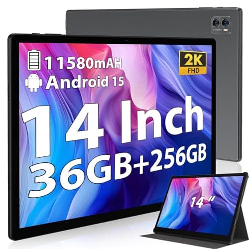 Tablet 14 Inch Tablets, Android 15 Tablet with Case,36GB RAM+256GB ROM, 18W Fast Charger/11580mAh,2000 * 1200 incell FHD+,13MP+8MP, Face ID/GPS/BT 5.0/USB-C, Tableta for Steaming Gray