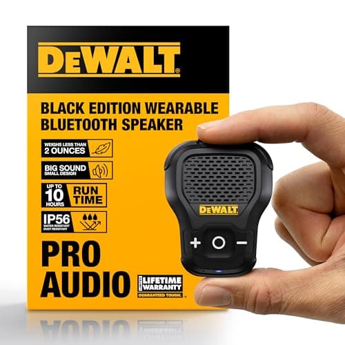 DEWALT Wearable Bluetooth Speaker [Limited Edition - Black] Clip-On Wireless Jobsite Pro Water-Resistant Portable Speaker (Non- Magnetic), Built-in Mic for Hands-Free Music/Calls, Bluetooth Speaker