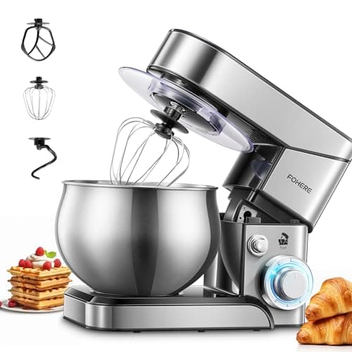 Stand Mixer 5.8 QT, FOHERE 6+P Speed Tilt-Head Food Mixer with Dough Hook, Mixing Beater, Wire Whip, Bowl, Stainless Steel Mixer, Electric Kitchen Mixer for Home Cooking, Cake, DIY