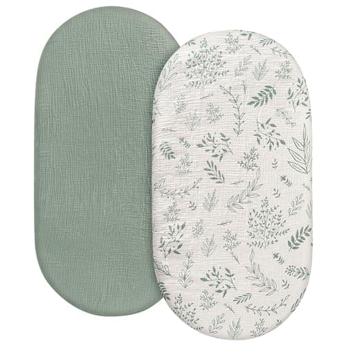 Muslin Bassinet Fitted Sheets, 2 Pack for Baby Boy and Girl, Soft Breathable Stretchy Baby Pad/Mattress Sheet Set, Universal Fit for Hourglass Oval and Rectangle Bassinet Mattress (Natural Leaves)