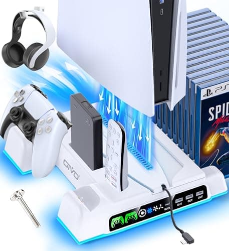 PS5 / PS5 Slim / PS5 Pro Stand and Cooling Station with LED Controller Charging Station for PlayStation 5 Console, PS5 Controller Charger, PS5 / PS5 Slim / PS5 Pro Accessories with 3 Level Cooling Fan