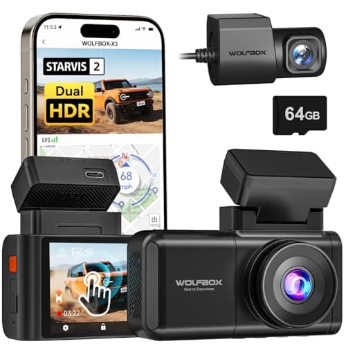 WOLFBOX X3 2.5K 60FPS Rear View Dash Cam, 5MP STARVIS 2 IMX675 with ADAS, 2.5K+1080P Dash Cam Front and Rear Camera, Built-in 5.8GHz WiFi & GPS,Included 64GB Card,Touch Screen,G-Sensor,Loop Recording