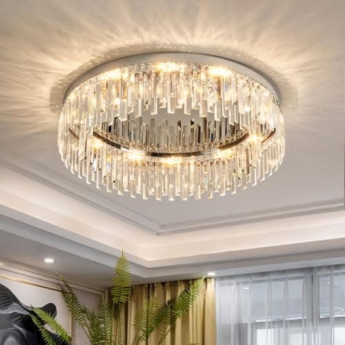 Axamate 24in Crystal Chandeliers Flush Mount Ceiling Light, 8 Lights Modern Ceiling Light, Chrome Large Round Crystal Chandelier Lighting Fixture
