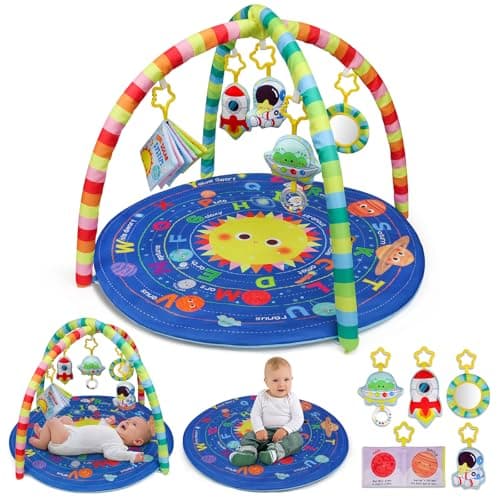 OKOOKO Baby Play Mat, Activity Baby Play Gym with Arch, Solor System Playmats & Floor Gyms, Alphabet Mat, Detachable Mirror and Soft Book, Thick Non Toxic Playmats for 0+