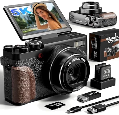 5K 64MP Digital Camera for Photography & YouTube Vlogging - 18X Zoom UHD Autofocus Video Camera with 3" 180° Flip Screen, 64GB TF Card & 2 Batteries - Compact Travel (Black)