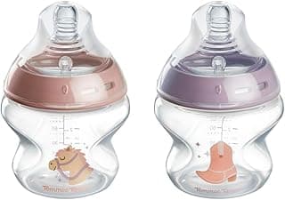 Tommee Tippee Natural Start Baby Bottles for 0m+, Pack of 2, 5oz Baby Bottles, with Slow Flow Breast-Like Nipple for a Natural Latch, Self-Sterilizing and BPA Free, Decorated