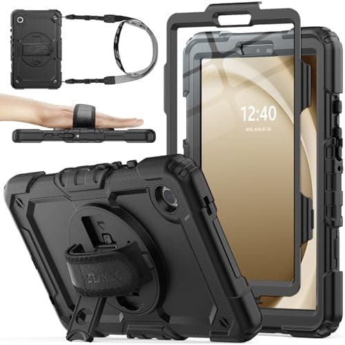 SEYMAC stock Case for Samsung Galaxy Tab A11/A9 8.7'', Full-Body Drop Protection Case with Screen Protector Pencil Holder [360° Rotating Hand Strap] &Stand, Black