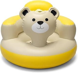 Inflatable Baby Seat 3D Cream Bear — Built-in Pump, Food-Grade PVC, Wide Anti-Tip Base, Portable Floor Chair 6-36 Months, Baby Boys & Girls, Blow Up Chair Sit Up Practice Chair,Baby Beach Sofa