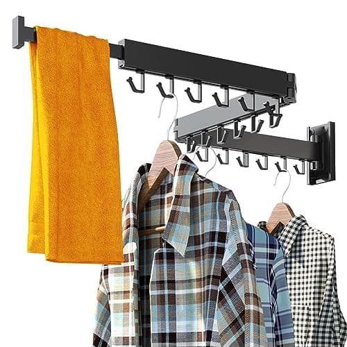 Clothes Drying Rack,Laundry Drying Rack,Wall Mounted Clothes Rack,Clothes Hanger Rack,Laundry Rack Wall Mount,Folding,Retractable,Collapsible,Laundry Room Organization(J Shape Hooks)