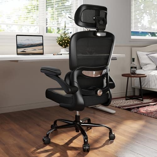 TRALT Ergonomic Office Chair - Desk Chair with Adjustable Headrest Lumbar Support Computer Chair - Mesh Comfy Chair with Flip-up Armrests - Gaming Chairs for Adults Home Office (Leather, Black)