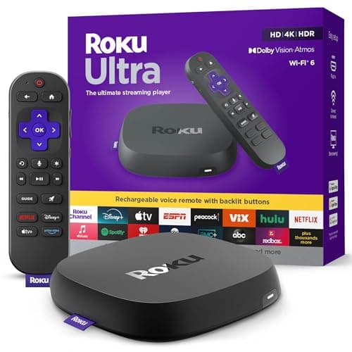 Roku Ultra 2024 | Ultimate Streaming Player - HDR10+, 4K Streaming Device for TV with Dolby Vision and Atmos - Bluetooth and Wi-Fi 6 - Rechargeable Voice Remote Control Pro - Free and Live TV