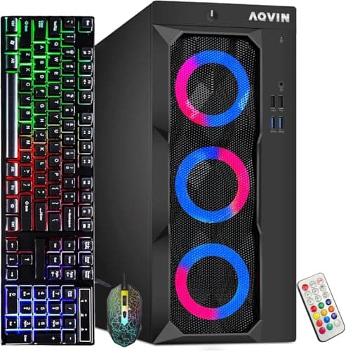 AQVIN LuminaRings Gaming PC Tower, GeForce GT 1030 2GB, Intel Core i7 Processor up to 4.0GHz, 16GB DDR4 RAM, 256GB NVMe SSD, WiFi, Windows 11 Pro (Renewed)