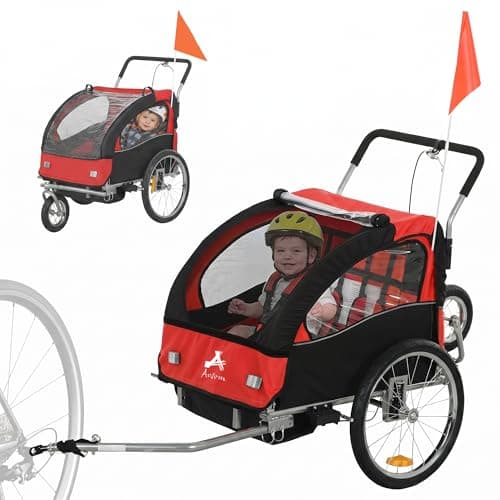 Aosom 2-Seat Bike Trailer for Kids, 2-in-1 Baby Stroller Bicycle Trailer 88 lbs Load with 5-Point Harness, Rubber Wheels, Storage, Safety Flag, Reflectors, Foldable Frame, Red