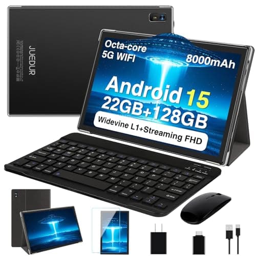2026 Android 15 Tablet, 10 Inch Octa-Core Tablets 22GB+128GB+1TB Expand, 2-in-1 Electronic Tablet with Keyboard Mouse, 8000mAh, 1280x800 IPS Display, GPS,Widevine L1, Split Screen, Metal Body -Black