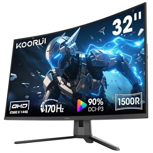 KOORUI 32 inch Curved Gaming Monitor - QHD (2560 x 1440) 2K Display, 170Hz 144Hz Monitors, 1500R Curvature, 1ms, HDR10, Adaptive Sync, Tilt Adjustable, DisplayPort HDMI, Black - G3221SC