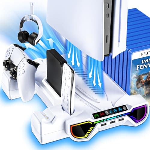 PS5/Slim/Pro Cooling Station with Controller Charging Station for PlayStation 5 Console - LED PS5 Stand with Controller Charger, Cooling Stand Accessory Kit-Turbo Fan/Headset Holder/3 USB Hub, White