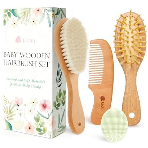 Lictin 4 Pcs Baby Brush and Comb Set for Newborn, Wooden Baby Hair Brush with Natural Soft Goat Hair, Baby Comb Cradle Cap Brush for Newborns & Toddlers
