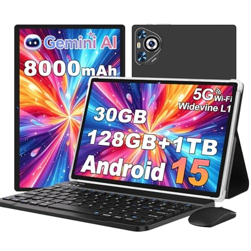 2026 Android 15 Tablet, 30GB RAM + 128GB ROM 1TB TF, 10.1 inch Tablets with Keyboard and Mouse, Electronics Tablette, 1280*800 IPS HD, Widevine L1, Gemini AI, 2.4G/5G WiFi, BT 5.0, GPS - Metal Black