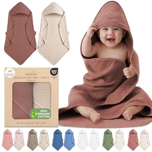 Infancie 100% Organic Cotton Muslin Hooded Baby Towels 2 Pack 81 X 81 CM Baby Bath Towel Soft Breathable Lightweight Quick Dry Gentle On Baby Skin for Newborns and Infants