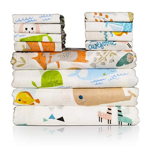 Baby Swaddle Blanket and Washcloths Set,12 Pieces Muslin Cotton Baby Swaddle Wrap and Wash Cloths Unisex for Boys and Girls, 4 Pack for 40 x 40 Inches and 8 Pack for 8 x 10 Inches