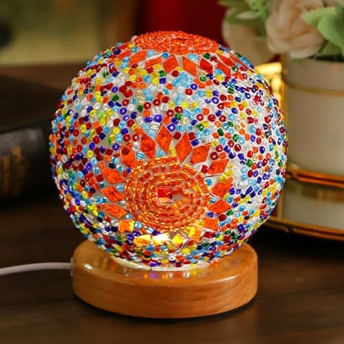 Vintage Turkish Night Lights Mosaic Glass Lamps with Wooden Base 5V Bohemian Bedside Lamp Ramadan/Eid Decorations Yoga & Meditation Lamp Holiday Gathering Decor (Boho-Orange, Boho)