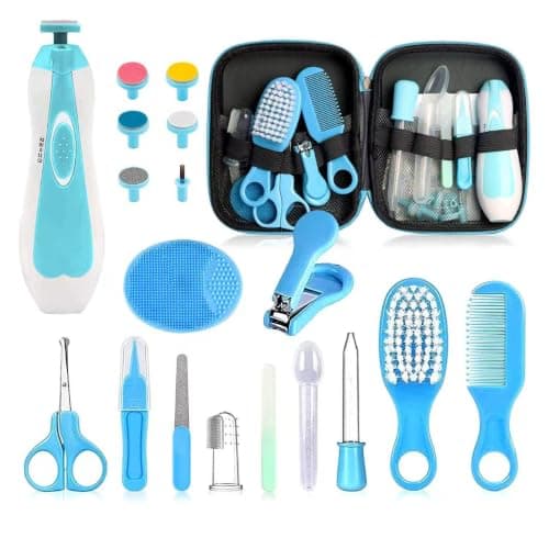 Baby Grooming Kit - 19 in 1 Nursery Essentials Baby Registry Shower Gift for Newborns, Infants, Toddlers, Boys, Girls Kids-Safety Baby Comb, Brush, Finger Toothbrush, Nail Clippers, Scissors(Blue)