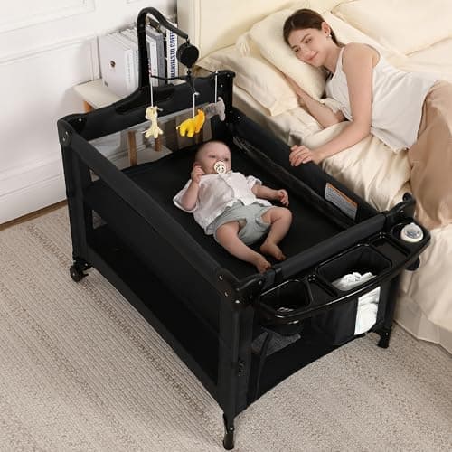 Pack and Play, 4 in 1 Baby Playard – Portable Crib, Bassinet, Bedside Sleeper, Changing Table & Playpen | Breathable Mesh | Safe & Foldable for Newborns to Toddlers