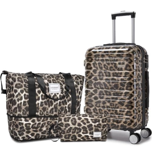LARVENDER Luggage Sets 3 Piece, 20 Inch Carry on Luggage 22x14x9 Airline Approved Hardside PC+ABS Suitcase Set with Spinner Wheels TSA Lock, Lightweight Suitcase for Women, Cheetah Print