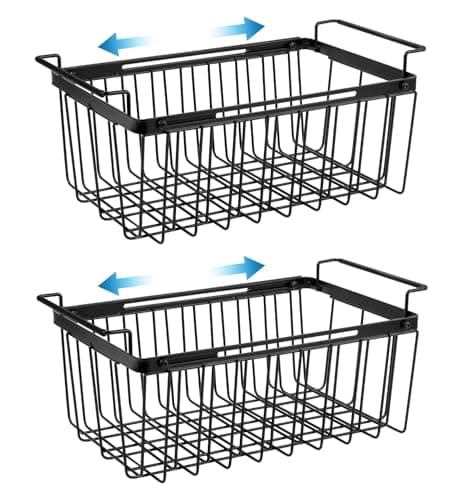 Wetheny Freezer Organizer Bins, Expandable Deep Freezer Baskets for Chest Freezer, Adjustable From 15.6" to 24.3" Wire Basket with Hanging Handles ( Pack 2 )