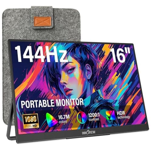 InnoView 16" Portable Monitor 144Hz Portable Gaming Monitor with Protective Sleeve, 1200P FHD External Monitor, Lightweight, Extra Second Screen for Laptop, PS5, Mac, Xbox (Not Includes Adapter)