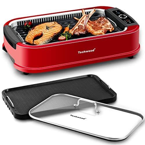 Techwood Indoor Smokeless BBQ Grill with Turbo Smoke Extractor Technology, LED Smart Control Panel, Drip Tray& Removable Grill Plate Easy Cleanup, 1500W