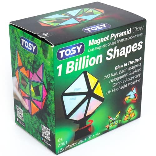 TOSY Magnet Pyramid Glow - 1 Cube Transforms into 1 Billion Shapes, 12 Pieces, 243 Rare Earth Magnets, Glowing, Holographic Design Magnet Tiles Creative Puzzle STEM/STEAM Toy