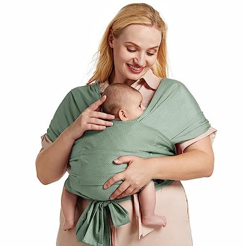 Momcozy Baby Wrap Carrier Cooling Air-Mesh, Easy to Wear Hands Free Baby Carrier Sling, Baby Carriers Newborn to Toddler 8-35lbs, Adjustable Buckle Suit for Waist 47-57inch, Plus Size Gray Green