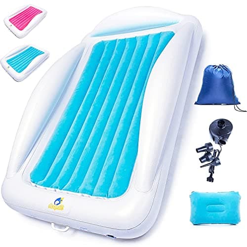 Sleepah Inflatable Toddler Travel Bed – Inflatable & Portable Bed Air Mattress Set –Blow up Mattress for Kids with High Safety Rails. Set Includes Pump, Case, Pillow (Blue)