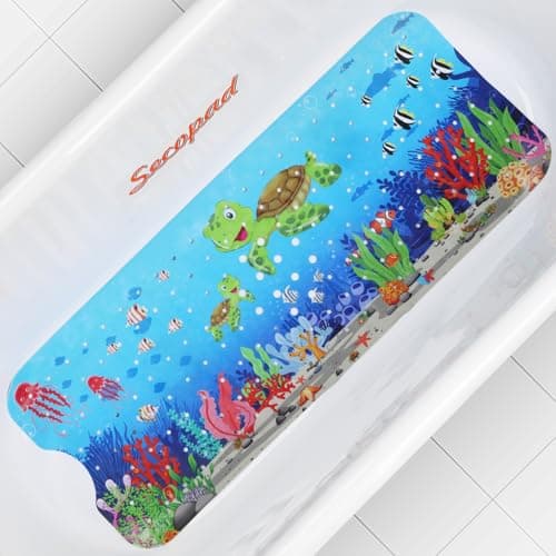 Cartoon Baby Bath Mat, Kids Bathtub Mat Non Slip for Toddler Bath Shower Anti Slip, 40In X 16In with Drain Holes and Suction Cups Machine Washable, Turtles