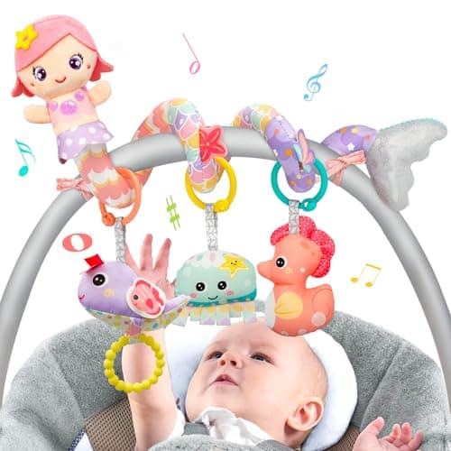 Car Seat Toys for Babies 0-6 Months Boy Girl Carseat Toys Hanging, Infant Toys 0-6 Months Baby Toys Newborn Toys 0 3 Months Brain Development, Spiral Hanging Stroller Toys with Music Teether Rattle