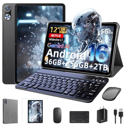 Android 16 Tablet 12 Inch with Keyboard, T7250 Octa-Core, 36GB RAM + 256GB ROM, 2000x1200 IPS 90Hz HD Display, 20MP+8MP, 9000mAh, Widevine L1, GPS, 2 in 1 Tablets with Mouse Stylus Gemini AI (Gray)