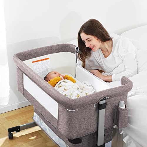Ihoming Baby Bassinet Bedside Sleeper with Storage Basket, Adjustable Height Easy Fold Baby Bed Side Crib for Newborn Infant, Breathable Mesh Co Sleeper Portable Bassinet, Khaki