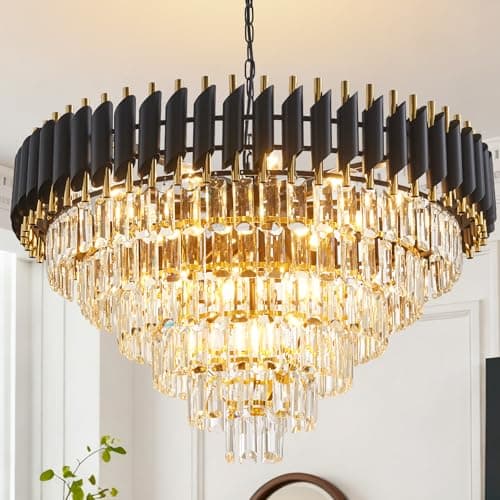 Aixialin - Modern 6 Tier Crystal Chandeliers for Dining Room, 16 Lights Black and Gold Chandeliers for Living Room Round Contemporary Hanging Ceiling Light Fixtures for Entryway Foyer