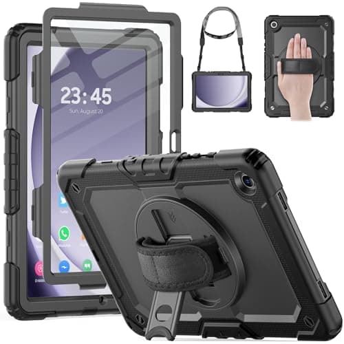 HXCASEAC Case for Samsung Galaxy Tab A9+ Plus Case Shockproof with Screen Protector/ 360° Hand Strap Stand/Carrying Strap, Cover for Samsung A9 Plus Tablet 11 inch 5G (SM-X210/X216/X218), Black