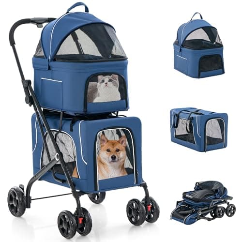 Giantex Double Dog Stroller for 2 Dogs, Detachable Carriers, Safety Belt, 4 Lockable Wheels, Pet Travel Carrier Strolling Cart, Folding Cat Stroller for Small Medium Pets Dogs (Navy)