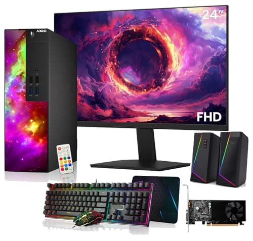 AXOII RGB Gaming PC Desktop Computer + 24 Inch FHD Monitor – Intel Core i5 up to 3.60 GHz, Radeon RX 550 4GB, 16GB DDR4, 512GB NVMe SSD, Wi-Fi, Speakers, Windows 11 Pro (Renewed)