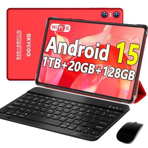 SKYEGG Android 15 Tablet with Keyboard Mouse, 20GB RAM+128GB ROM(Expand to 1TB), 10.1 Inch Octa-Core Tablets with WiFi 6, Dual Camera, 1280x800 Display, 6000mAh, Widevine L1, Split Screen - Red